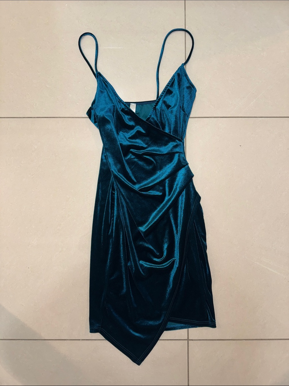Teal Satin Wrap Mini Dress with Spaghetti Straps